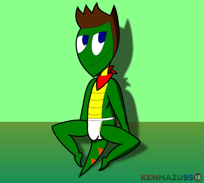 ball_bulge balls blue_eyes brown_hair bulge green_body green_scales kenmazu95 kerchief lizard lizard_tail looking_at_viewer scalie seductive_smile sitting speckle_hakari toony underwear underwear_bulge underwear_only white_underwear yellow_underbelly