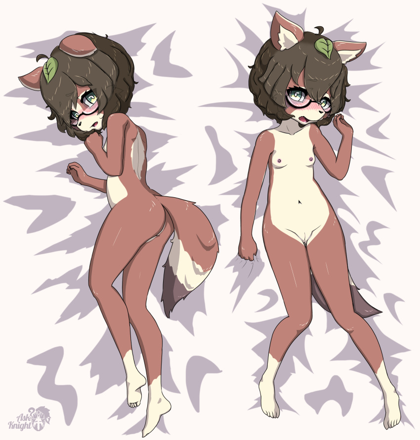 1girls absurd_res anthro askknight bed_sheet bedding blush breasts brown_body brown_fur canid canine digital_media_(artwork) eyewear female fur genitals glasses green_eyes hair hi_res looking_at_viewer mammal momoko_(character) nude open_mouth pillowcase pussy raccoon_dog short_hair simple_background solo tanuki tanuki_leaf young