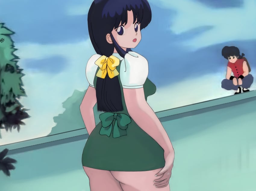 1girls akane_tendo ass ass_focus ass_grab cool_&_sexy_(idolmaster) cowgirl_position female female_focus happy_sex highres nice_(artist) non-web_source panties pantyshot ranma-kun ranma_1/2 ranma_saotome school_uniform sex sex_from_behind striped striped_panties underwear white_panties