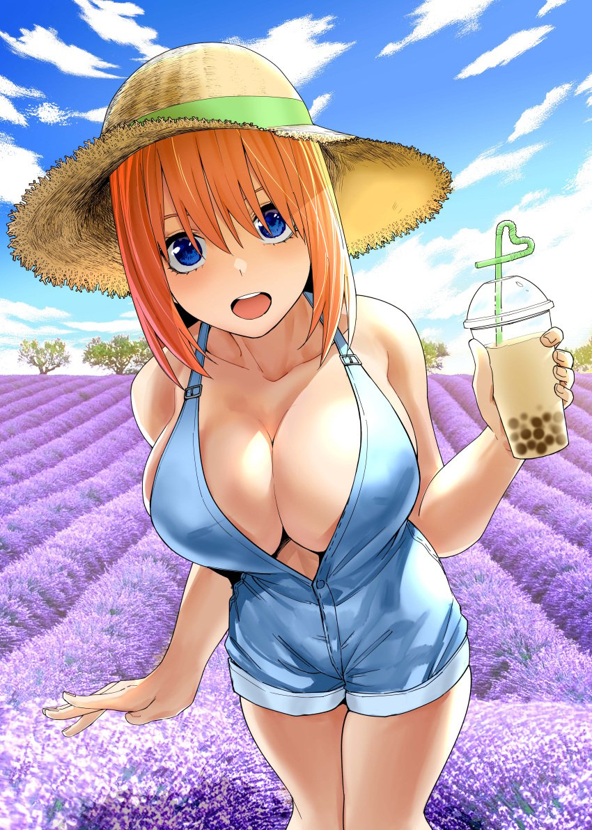 absurdres blue_eyes breasts bubble_tea center_opening cleavage collarbone cup drinking_straw female go-toubun_no_hanayome hair_between_eyes hat highres kosmos_beta large_breasts looking_at_viewer nakano_yotsuba naked_overalls no_bra open_mouth orange_hair overalls short_hair straw_hat thighs tree