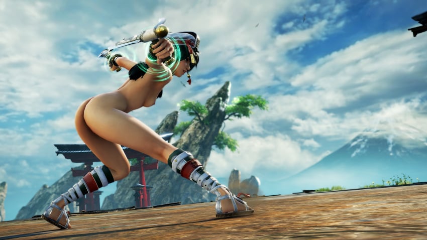 1girls ass black_hair earrings female hat hi_res legs nude nude_female posing sandals small_breasts solo soul_calibur soul_calibur_vi talim teenage_girl teenager thighs twintails vagina weapon