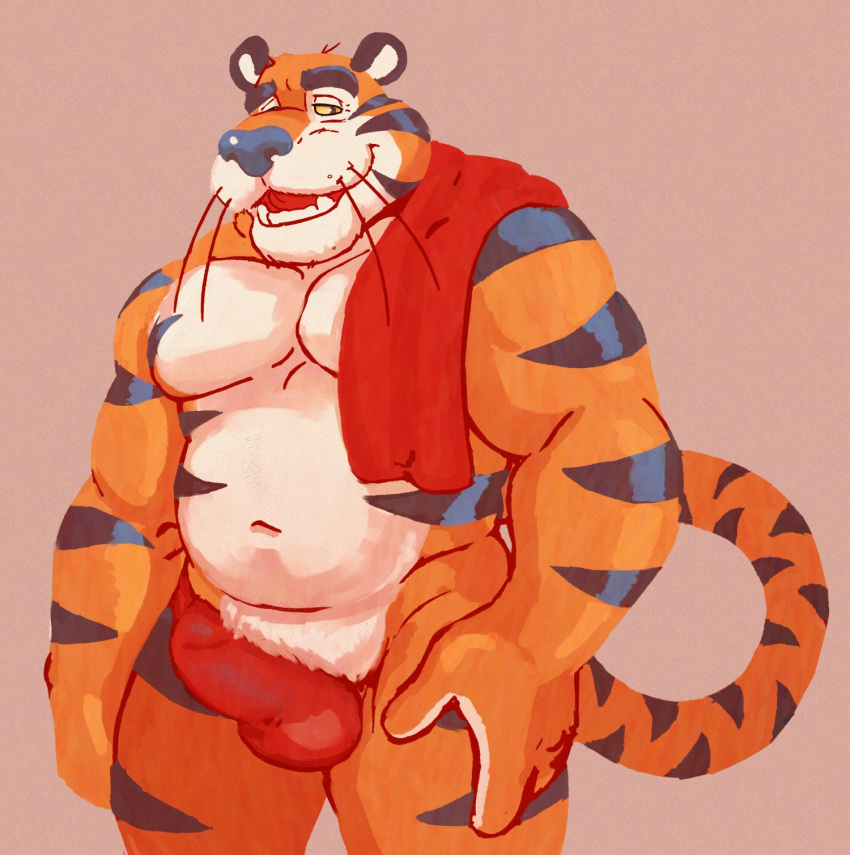 2023 anthro balls_outline belly biceps biped black_body black_fur black_stripes blue_nose bulge detailed_bulge digital_media_(artwork) eyebrows felid frosted_flakes fur genital_outline hi_res kellogg's male male_only mammal mascot musclegut muscular muscular_anthro muscular_male navel open_mouth open_smile orange_body orange_fur pantherine pecs penis_outline pubes smile solo spectral-bat striped_body striped_fur stripes tan_body tan_fur teeth tiger tongue tony_the_tiger towel towel_only whiskers