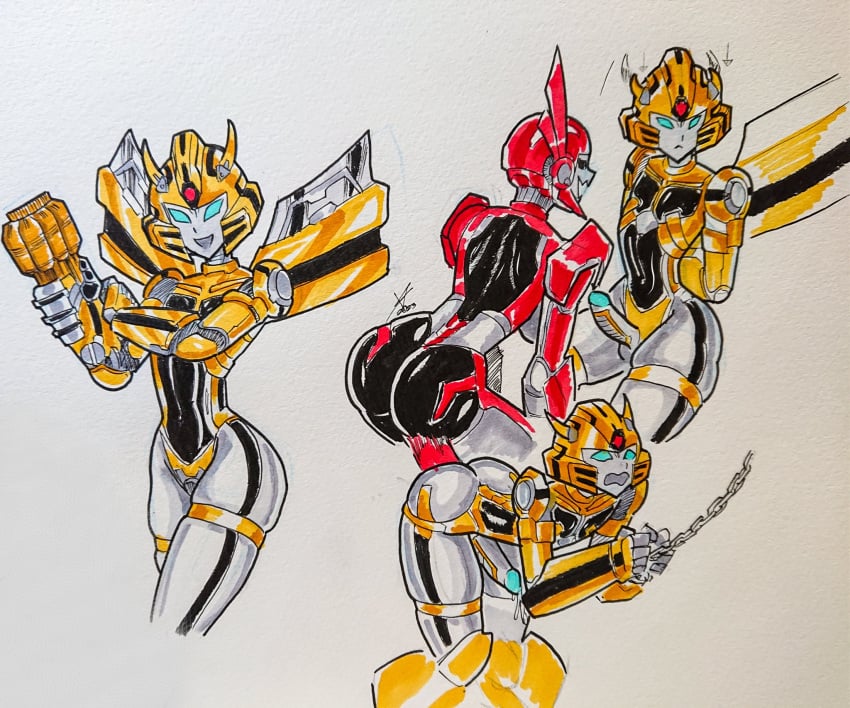 1girls bumblebee_(transformers) bumblebee_movie chained_up chains female femboy male male_focus robot robot_boy robot_femboy robot_girl robot_humanoid shatter_(transformers) sole_female sole_male transformers ventis2099_(artist)