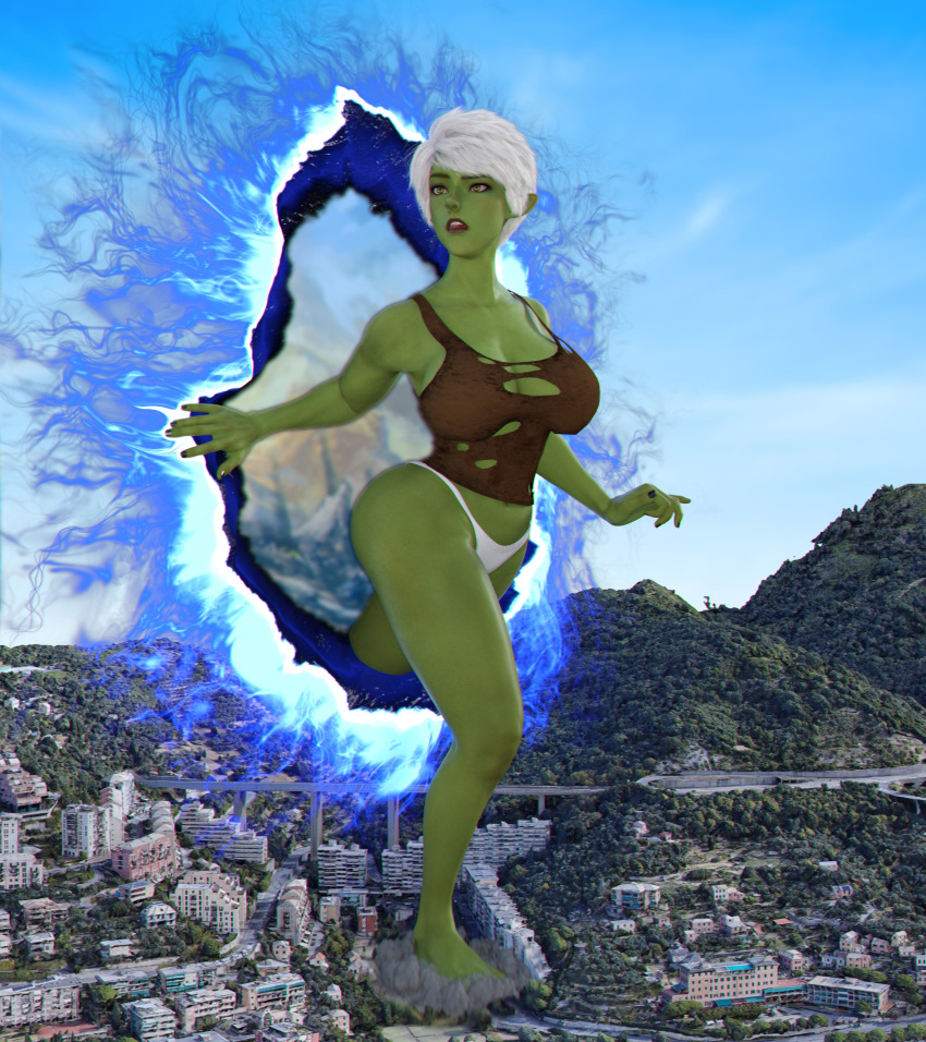 3d 3d_(artwork) black_shirt city confused confusion crush destruction dimensional_rift giantess giga_giantess glowing_eyes goblin goblin_female green_skin hands_on_hips kamicamie looking_up macro oc original original_character pointed_nose pointy_ears portal torn_clothes white_hair white_underwear