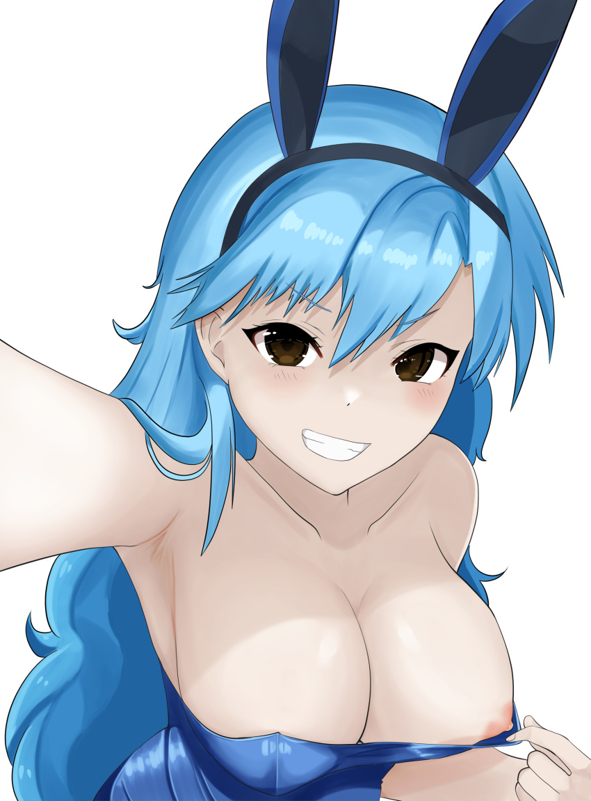 1girls alicesoft armpits blue_hair breasts brown_eyes bunny_ears bunny_girl bunnysuit cleavage copandon_dott female female_only flashing grin gunnigle large_breasts long_hair reaching_out smile smug solo teasing