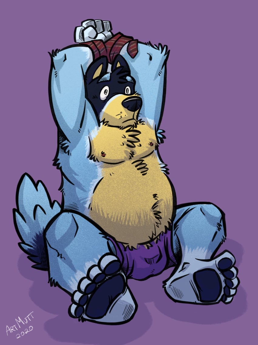 1boy 2020 anthro artmutt australian_cattle_dog bandit_(bluey) bandit_heeler barefoot black_eyes black_nose blue_ears blue_eyebrows blue_hair blue_nose blue_pawpads blue_paws blue_tail bluey_(series) bondage bottomwear bound bulge canid canine canis cattledog chubby_anthro chubby_male clothed clothing detailed domestic_dog eyebrows feet fluffy fluffy_tail frown fur fur_hair genital_outline glistening glistening_eyes glistening_nose hair hands_over_head herding_dog hi_res k-9 long_tail male male_only mammal mostly_nude multicolored_body multicolored_ears multicolored_fur multicolored_nose multicolored_tail musclegut muscular nipples o_o on_ground pastoral_dog pawpads paws pecs penis_outline purple_background raised_arms red_nipples shadow short_hair shorts signature simple_background sitting slightly_chubby slightly_chubby_anthro slightly_chubby_male solo tail tan_body tan_ears tan_fur tan_skin thick_thighs toony topless topless_anthro topless_male two_tone_body two_tone_fur two_tone_tail whiskers wide_eyed