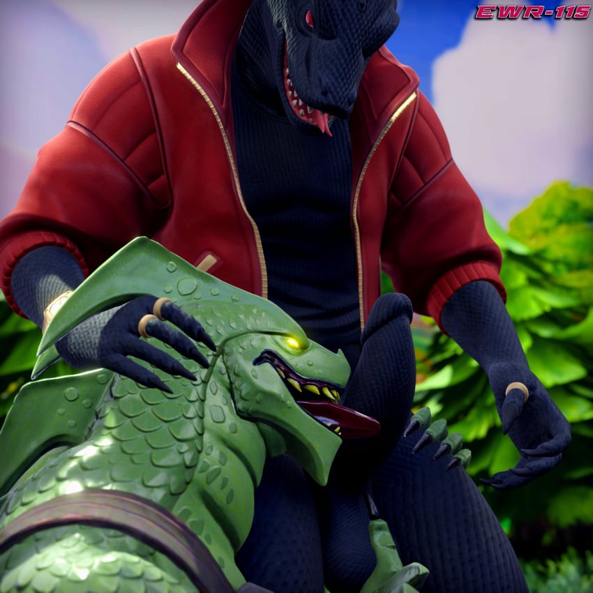 2023 2boys 3d_(artwork) anthro anthro_on_anthro balls black_body black_scales bottomless claws clothed clothing cloud day digital_media_(artwork) dragon duo epic_games erection ewr-115 finger_claws fortnite gay genitals glowing glowing_eyes green_body green_eyes green_scales hi_res humanoid_genitalia humanoid_penis hybrid_(fortnite) jacket komodo_dragon licking lizard male male/male male_only monitor_lizard open_mouth oral outside penile penis penis_lick plant red_eyes reptile ring_(jewelry) scales scalie sex shirt sky teeth thunder_(fortnite) tongue tongue_out topwear tree