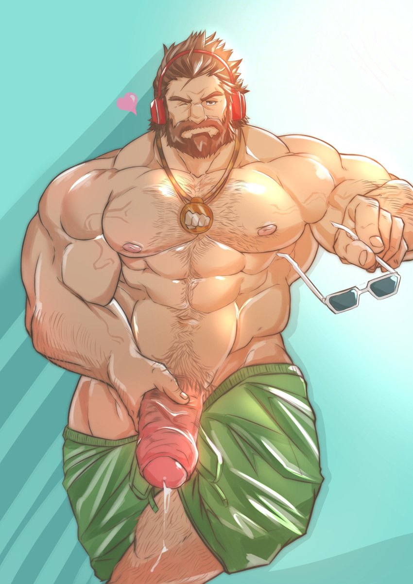 balls bara beard big_balls big_penis eorzea_riley facial_hair graves_(league_of_legends) hairy league_of_legends male male_only muscles muscular one_eye_closed penis penis_out pool_party_graves pool_party_series precum shirtless shorts shorts_down solo solo_male