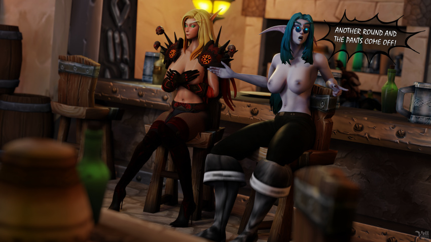 2girls 3d aqua_hair big_breasts blizzard_entertainment blonde_hair blood_elf blush covering_breasts dialogue glasses green_eyes light-skinned_female light_skin night_elf original_character purple_skin thick_thighs vell(vellektra) vellektra warcraft world_of_warcraft