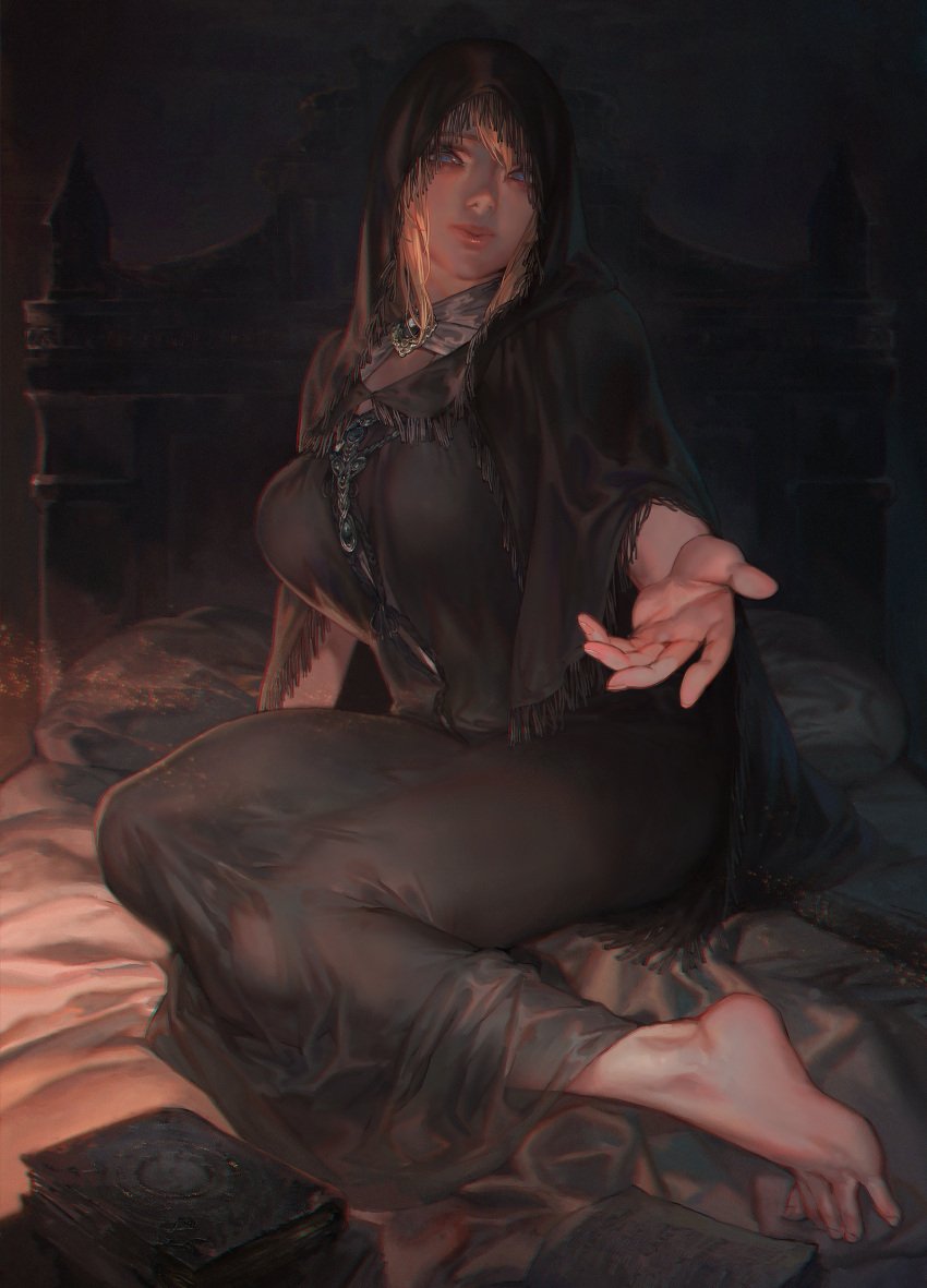 1girls aoin barefoot big_ass big_breasts blonde_hair blue_eyes elden_ring feet female female_only fia_the_deathbed_companion fromsoftware light-skinned_female light_skin looking_at_viewer nipple_bulge pov voluptuous