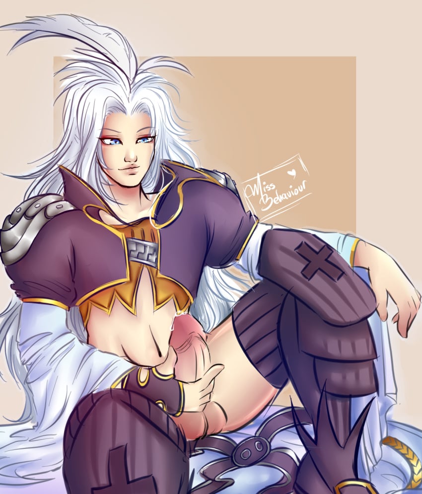 1boy 2016 ambush_(trap) androgynous artist_name balls bishonen blue_eyes bottomless color crop_top erect_penis erection eyeshadow femboy final_fantasy final_fantasy_ix gloves hand_on_penis kuja light-skinned_male light_skin long_hair long_sleeves looking_at_penis looking_down makeup male male_focus male_only masturbating masturbation missbehaviour partially_clothed penis precum silver_hair simple_background sitting sitting_down smile square_enix tagme thighhighs