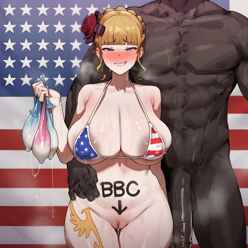 07th_expansion 1boy 1boy1girl 1girls abs absurd_res absurdres ai_generated american_flag american_flag_bikini aroused beatrice_(umineko) blacked blonde_hair blue_eyes blush body_writing condom covered_nipples curvy dark-skinned_male dark_skin female_focus hair_flower hair_ornament half-closed_eyes hand_on_hip hazakura151 holding_condom huge_breasts huge_cock interracial leg_tattoo light-skinned_female light_skin looking_at_viewer muscular muscular_male netorare penis pussy pussy_juice qos queen_of_spades standing steam sweat sweating tattoo thick umineko_no_naku_koro_ni used_condom veiny_penis wet_pussy