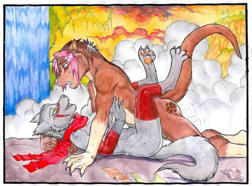 anthro blush canine female interspecies live_to_tell male mariano otter ru ru_(final_fantasy_unlimited) sex straight waterfall wolf