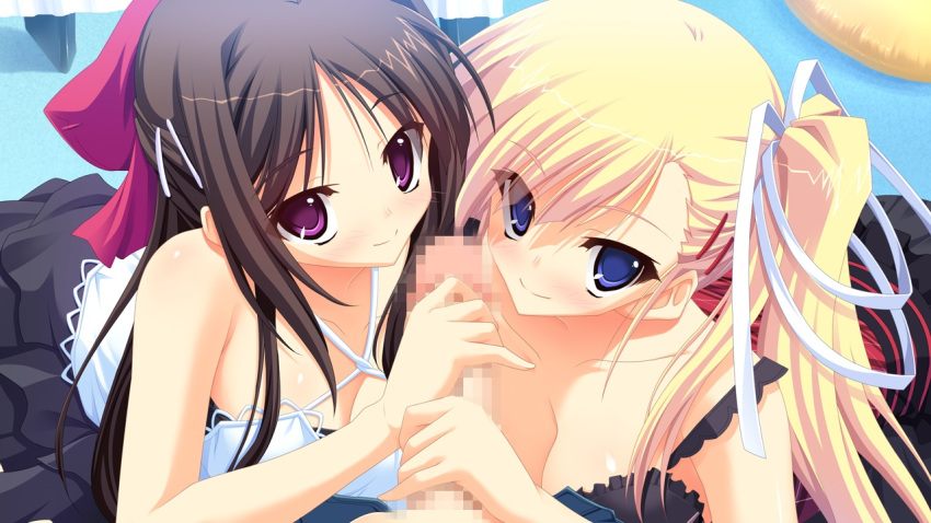 2girls ama_ane blonde_hair blue_eyes brown_hair censored cleavage game_cg kikurage penis pink_eyes takashina_natsumi yashima_otome