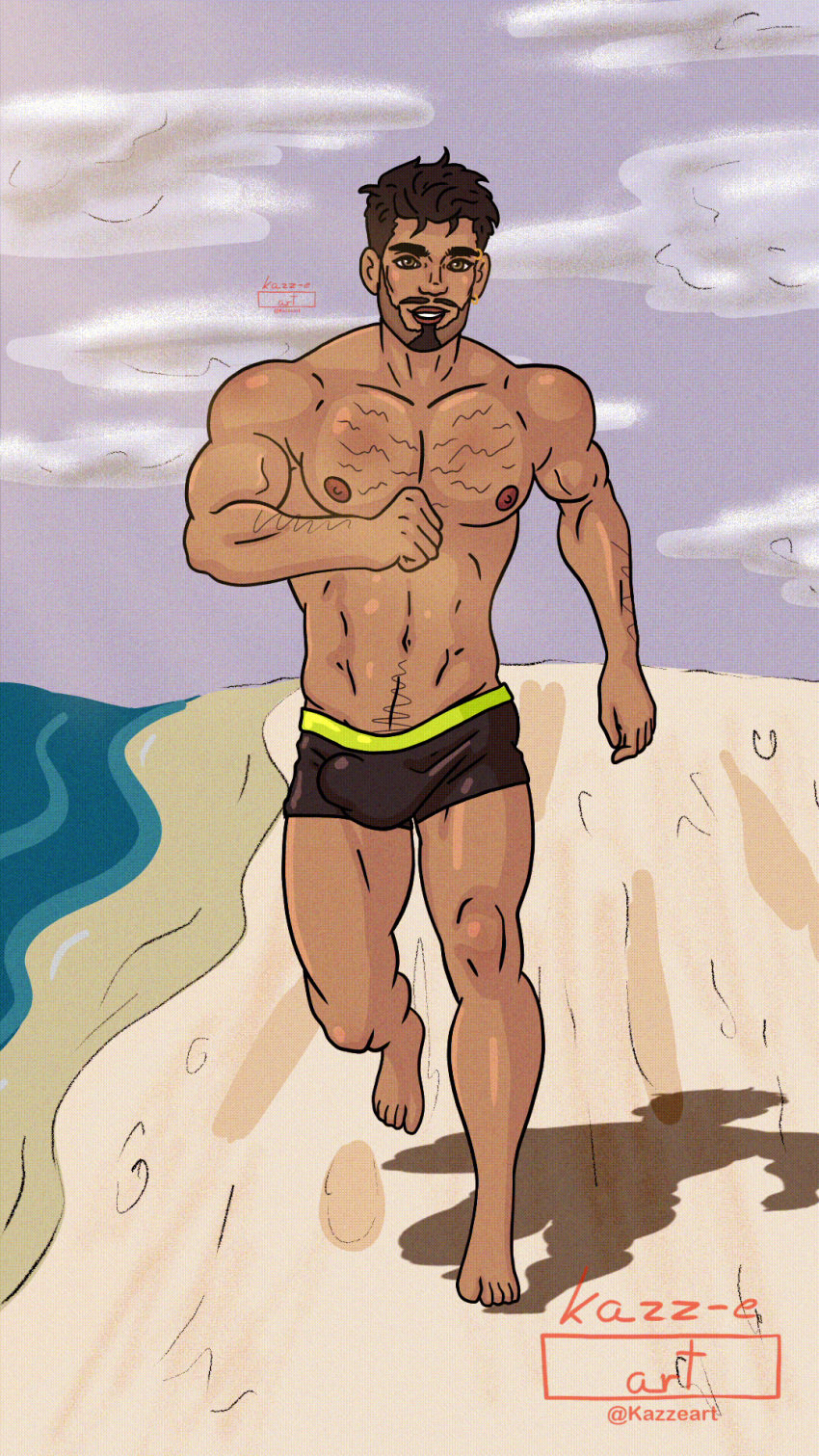 1boy 1male animated beach bulge dark_hair facial_hair floppy_cock gay gay_male hairy_chest jiggle jiggling_penis kazz-e_art latino_male looking_at_viewer male male_only marcos_(kazz-e_art) piercing running smiling solo solo_focus solo_male swimwear