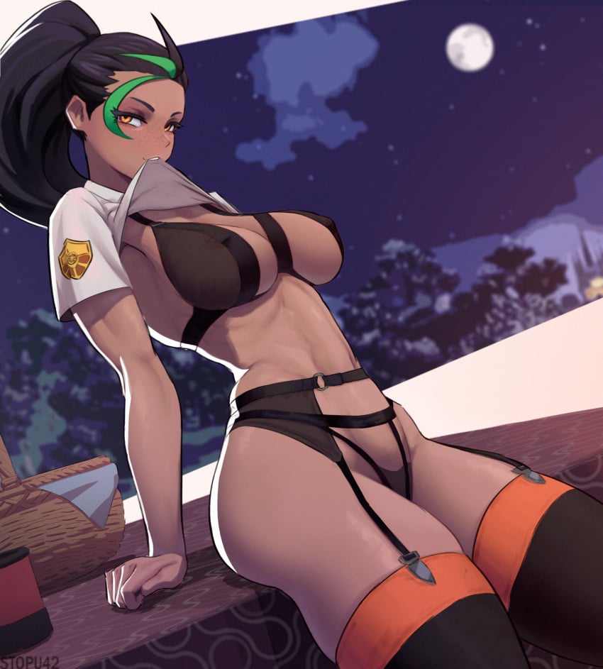 1girls arm_support basket black_hair black_thighhighs breasts clothes_lift coffee_cup covered_erect_nipples creatures_(company) cup dark-skinned_female dark_skin disposable_cup female freckles full_moon game_freak garter_belt garter_straps green_hair hair_pulled_back highres large_breasts lingerie looking_at_viewer moon mouth_hold multicolored_hair nemona_(pokemon) nintendo pokemon pokemon_sv school_uniform shirt shirt_lift sitting sky star_(sky) starry_sky stockings stopu streaked_hair table thighhighs thighs toned two-tone_hair underwear uva_academy_school_uniform white_shirt