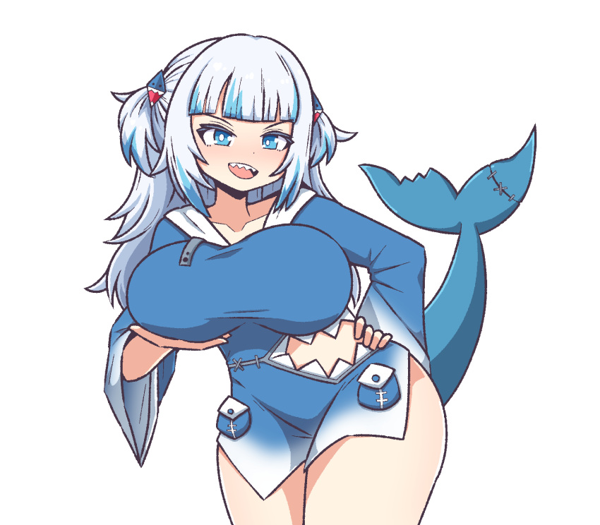 1girls alternate_breast_size bangs gawr_gura hair_ornament holding_breast hololive hololive_english hololive_myth huge_breasts inksgirls long_hair looking_at_viewer shark_girl shark_tail sharp_teeth simple_background solo standing thighs two_tone_hair virtual_youtuber white_background white_hair wide_hips