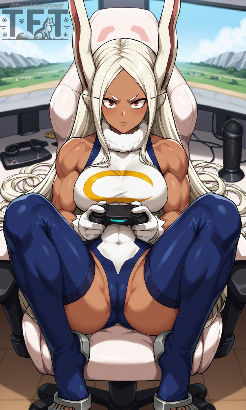 ai_assisted ai_generated dark-skinned_female gaming gaming_chair hero_outfit_(mha) legs_apart miruko my_hero_academia red_eyes rumi_usagiyama touchfluffytails