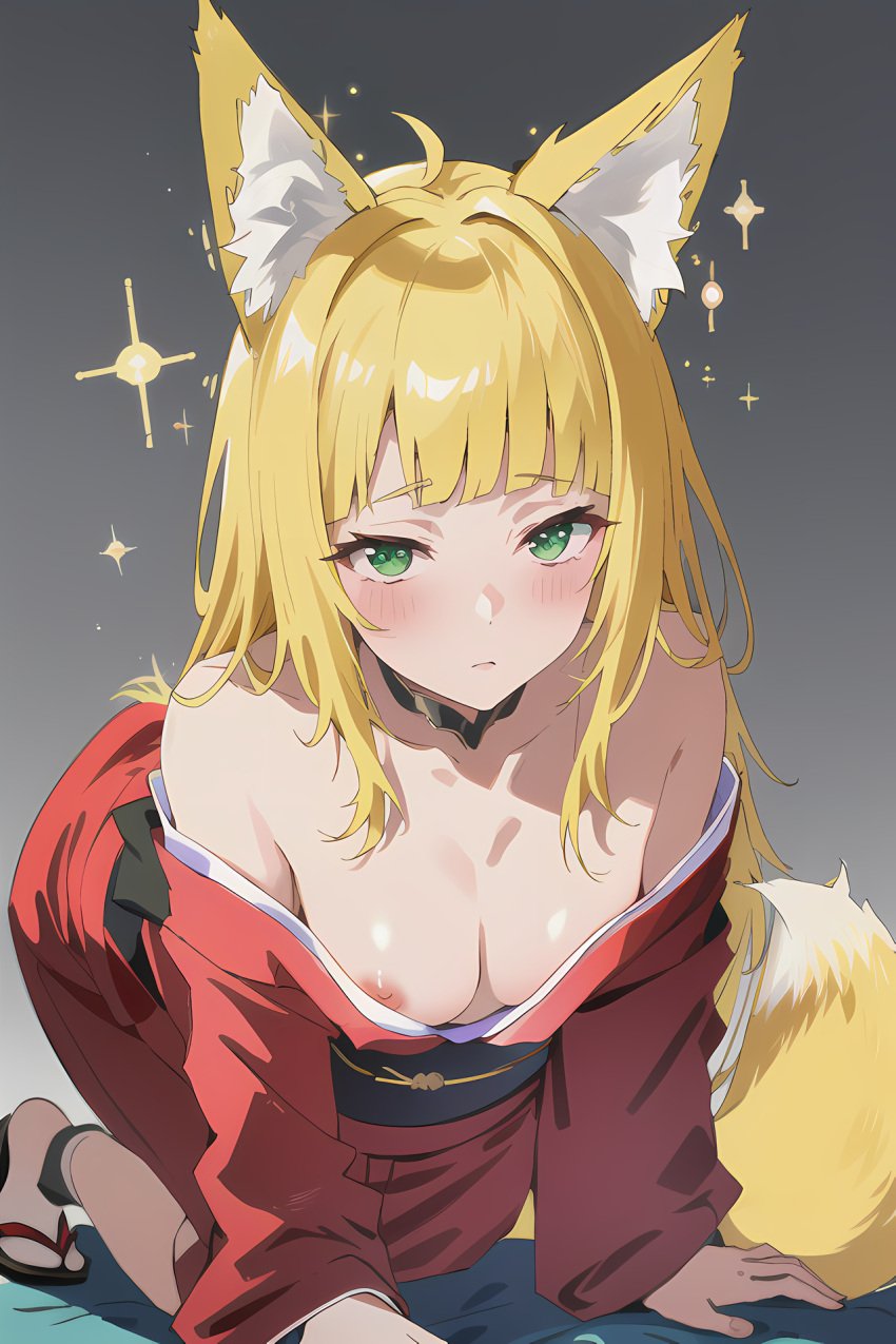 1girls ai_generated all_fours areola_slip big_breasts blonde_hair dungeon_ni_deai_wo_motomeru_no_wa_machigatteiru_darou_ka haruhime kimono sanjouno_haruhime tagme