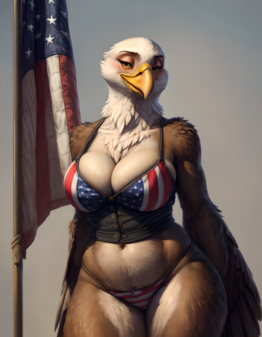 ai_generated american_flag anthro avian bald_eagle big_ass big_breasts big_butt bikini female furry thick_ass thick_thighs wide_hips wings