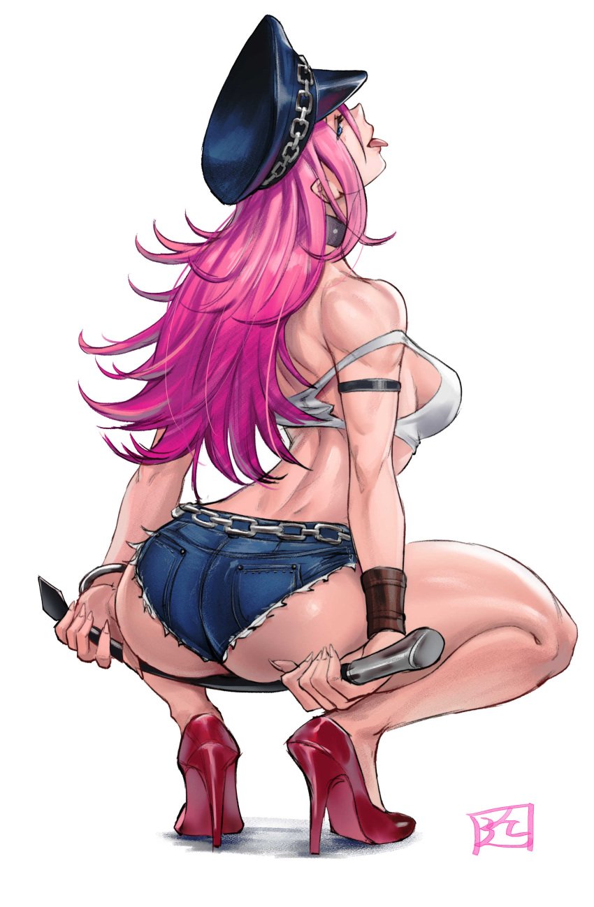 1girls ass ass_focus back_view backboob blue_eyes breasts choker clothed_female dimples_of_venus female from_behind high_heels hotpants juaagacgy large_ass long_hair long_legs looking_back medium_breasts off-shoulder_shirt peaked_cap pink_hair poison_(final_fight) police_hat simple_background squatting thick_thighs toned tongue_out whip white_background