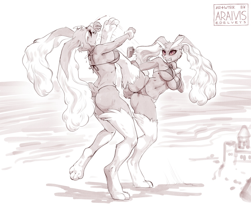 6:5 anthro araivis-edelveys beach big_breasts bikini blood bodily_fluids breasts catfight clothing duo female fight generation_4_pokemon hi_res leg_markings lopunny markings monochrome navel nintendo outside pokemon pokemon_(species) scut_tail short_tail socks_(marking) swimwear tail wrestling