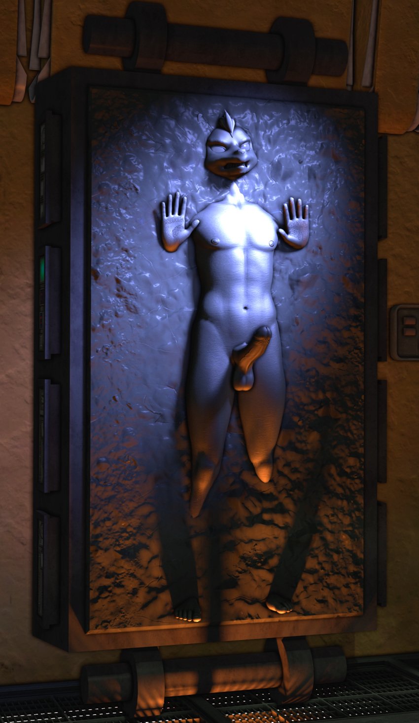 anthro bound carbonite encasement fox_mccloud frozen furry male nintendo nude penis petrification sfmcarbonfreezer solo source_filmmaker star_fox star_wars