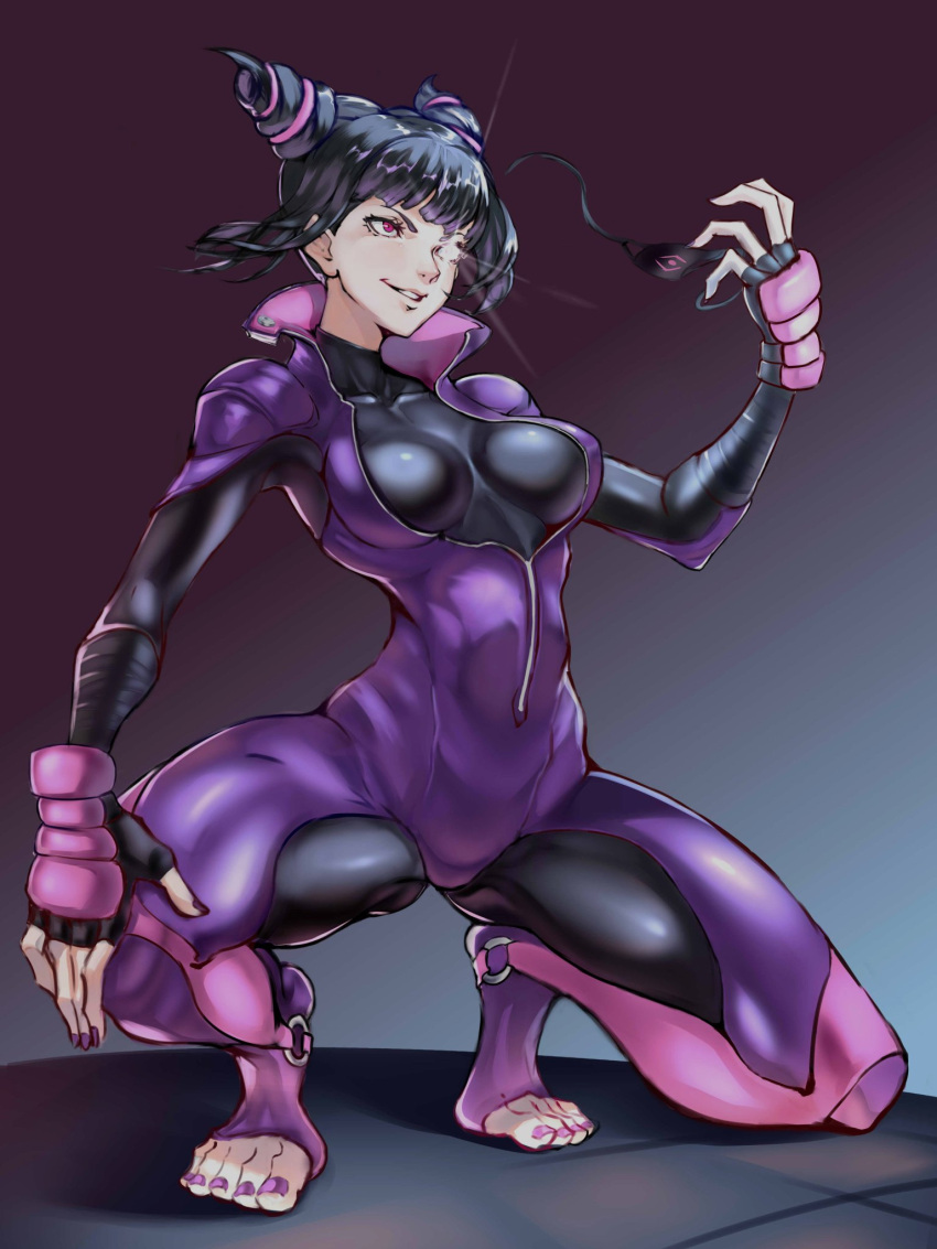 1girls big_breasts black_hair capcom clothed clothing color feet female female_focus female_only hi_res juaagacgy juri_han large_breasts light-skinned_female light_skin purple_eyes short_hair solo solo_female street_fighter suit tagme thick_thighs