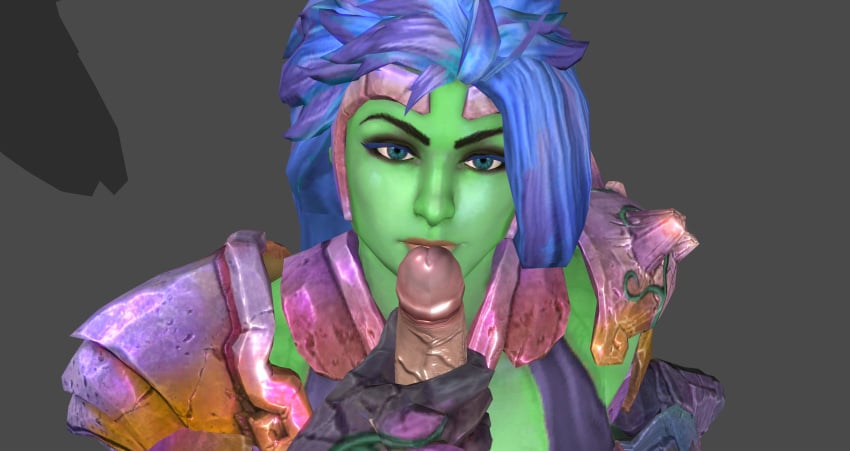 1boy 1girls 3d alternate_costume blue_hair dudehentai european_mythology female firma_terra goddess green_skin handjob hi-rez_studios light-skinned_male light_skin male mythology penis_on_lips pov roman_mythology smite terra_(smite)