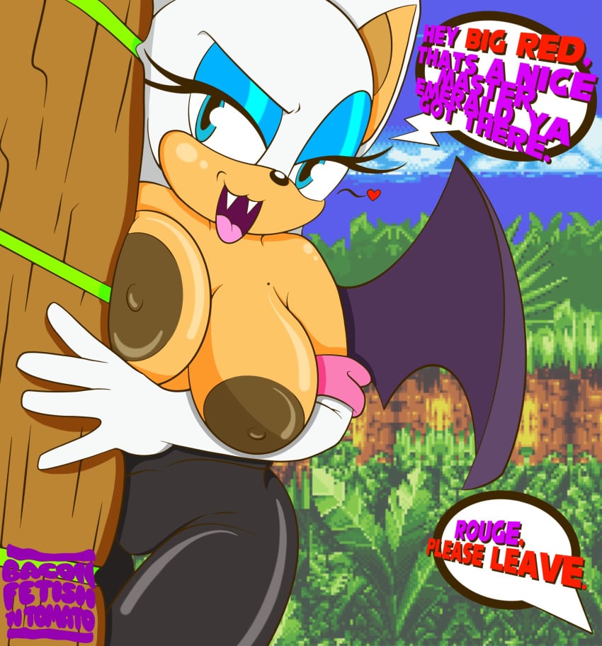 absurd_res anthro areola armwear baconfetish'ntomato bat big_areola big_breasts big_nipples blue_eyes bodysuit breasts breasts_out brown_nipples clothed clothing dark_nipples dialogue digital_media_(artwork) english_text eyelashes eyeshadow fangs female female_focus forest forest_background fur furry furry_female furry_male furry_only glistening glistening_body gloves handwear heart_symbol hi_res knuckles_the_echidna legwear looking_at_viewer makeup mammal markings membrane_(anatomy) membranous_wings mole_(marking) nature nature_background nipples offscreen_character offscreen_male open_mouth outside plant rouge_the_bat seductive sega solo sonic_(series) speech_bubble squished_breast tan_body tan_skin teeth text thigh_gap tights tongue topless topless_bodysuit tree white_body white_fur wings