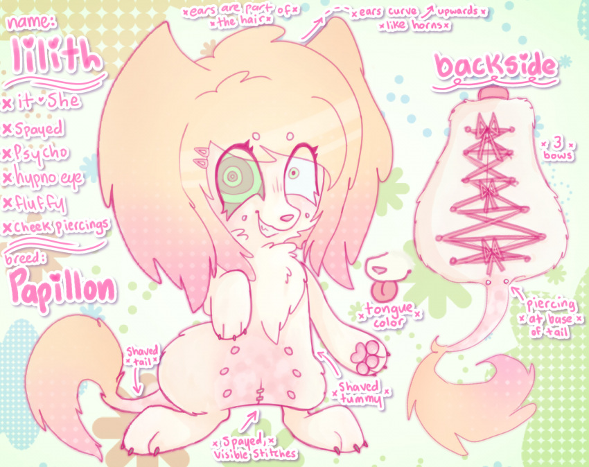 2024 bipedal_feral bow_(feature) canid canine canis character_name domestic_dog english_text eunuch female feral feral_with_hair furgonomics furry furry-specific_piercing hair heart_symbol hi_res klbblez mammal model_sheet nipples papillon piercing pink_nose pink_text pink_tongue pronouns semi-anthro shaved_fur smile smirk solo spayed spiral_eyes stitch_(sewing) tail tail_piercing text tongue tongue_out toy_dog