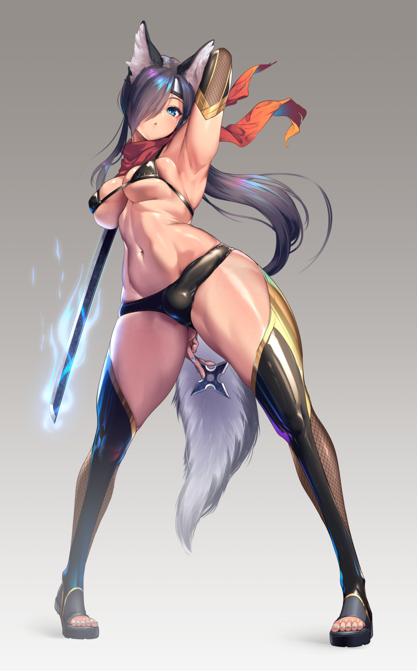 1futa animal_ears balls balls_in_panties big_breasts black_hair bra breasts bulge cleavage clothed clothing dickgirl erection futa_only futanari humanoid humanoid_penis intersex kemonomimi light-skinned_futanari light_skin long_hair mostly_nude panties penis penis_in_panties penis_under_clothes shuriken solo standing sword tail testicles thighhighs wolf_ears wolf_girl wolf_tail yana_(nekoarashi)