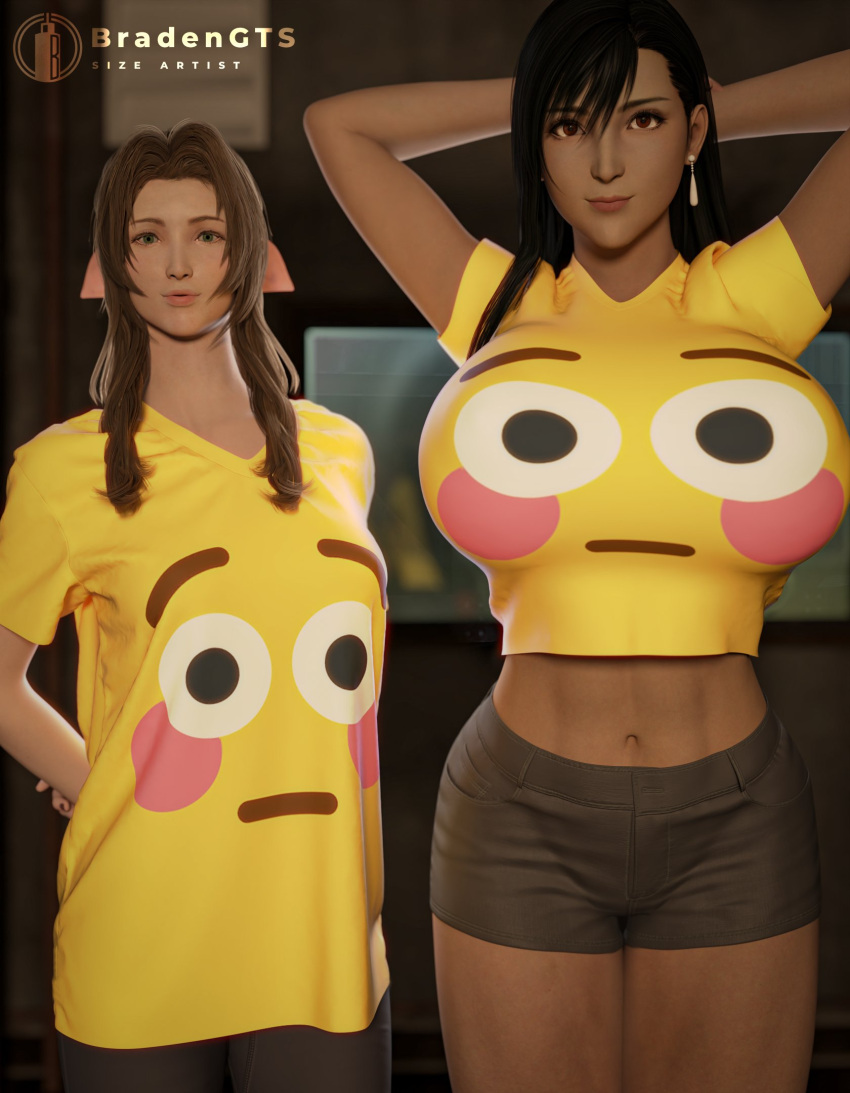 2girls 3d 3d_(artwork) aerith_gainsborough big_breasts bradengts breasts breasts_bigger_than_head emoji exposed_midriff female female_focus female_only final_fantasy final_fantasy_vii final_fantasy_vii_remake height_difference larger_female looking_at_viewer midriff multiple_females multiple_girls shorts size_difference smaller_female tifa_lockhart video_game_character