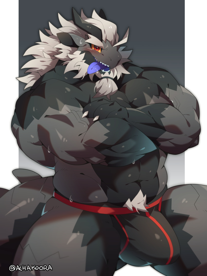 2024 3:4 abs achakura ahoge anthro araya_(achakura) beard beard_ponytail biceps big_bulge big_muscles biped black_body black_clothing black_countershading black_horn black_inner_ear black_scales black_tail black_thong black_underwear blue_tongue blush bodily_fluids border bulge claws clothed clothing colored countershade_legs countershade_scales countershade_tail countershade_torso countershading detailed_bulge digital_media_(artwork) dragon facial_hair finger_claws front_view genitals glistening glistening_body glistening_scales gloves_(marking) grey_background grey_body grey_ears grey_hair grey_scales grey_tail hair hi_res horn kemono long_hair looking_at_viewer male male_anthro markings monotone_hair multicolored_body multicolored_scales multicolored_tail muscular muscular_anthro muscular_male mythological_creature mythological_scalie mythology navel open_mouth open_smile portrait pubes pupils red_eyes reverse_countershading scales scalie shaded simple_background smile solo standing sweat tail teeth thick_thighs thong three-quarter_portrait tongue tongue_out topless topless_anthro topless_male two_tone_body two_tone_scales two_tone_tail underwear white_border white_claws yellow_sclera