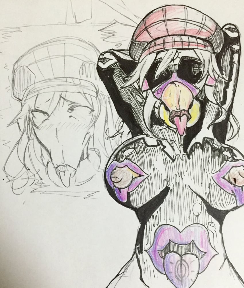 absurdres alisa_ilinichina_amiella cabbie_hat fellatian femsub god_eater hat latex monster_girl mouth_nipples nightmare_fuel punitofu short_hair sketch solo tongue tongue_out traditional transformation