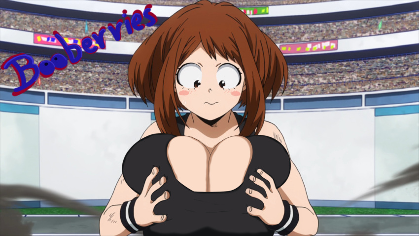 1girls anime boku_no_hero_academia booberries_morphs breast_expansion breast_grab breast_inflation breasts edit edited_screencap looking_down_at_breasts my_hero_academia ochako_uraraka uraraka_ochako wide_eyed