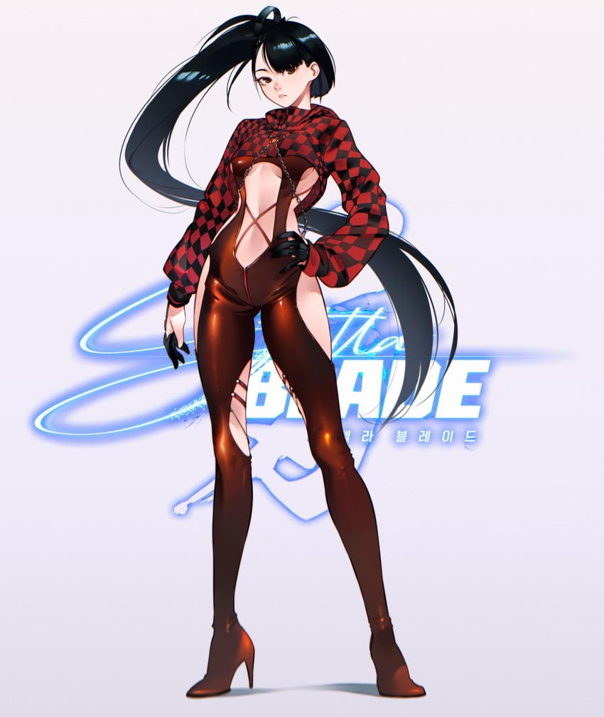 black_gloves black_hair blunt_bangs bodysuit breasts brown_eyes cesar_art456 checkered_clothes closed_mouth clothing_cutout copyright_name cropped_hoodie english_commentary eve_(stellar_blade) female female_only full_body fully_clothed gloves half_gloves hand_on_own_hip high_heels highres hood hoodie long_hair long_legs long_sleeves looking_at_viewer medium_breasts partially_fingerless_gloves ponytail racer's_high_(stellar_blade) red_bodysuit red_hoodie revealing_clothes shiny_clothes solo stellar_blade tight_clothing very_long_hair white_background