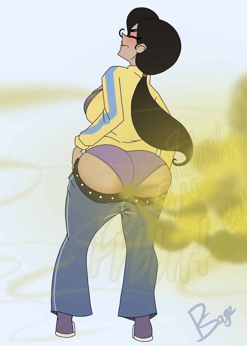 ass_focus aviva aviva_corcovado back_view big_ass big_butt black_hair brown_skin clothed fart fart_cloud female female_only jeans onomatopoeia panties pbskids straining tagme thepervysage watermark wide_hips wild_kratts yellow_shirt