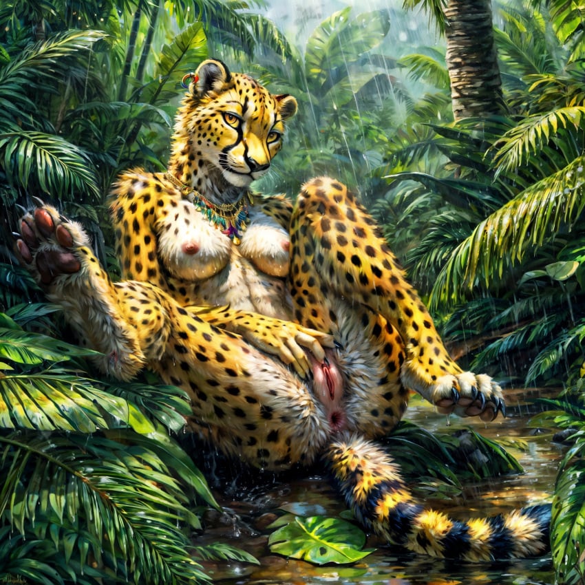 ai_generated ai_hands anthro anus attempted_signature black_spots breasts cheetah colored countershading felid feline female forest fur genitals hi_res jungle mammal nature nature_background nipples plant presenting pussy rainforest raining solo spots spotted_body spotted_fur tree white_body white_countershading yellow_body yellow_fur