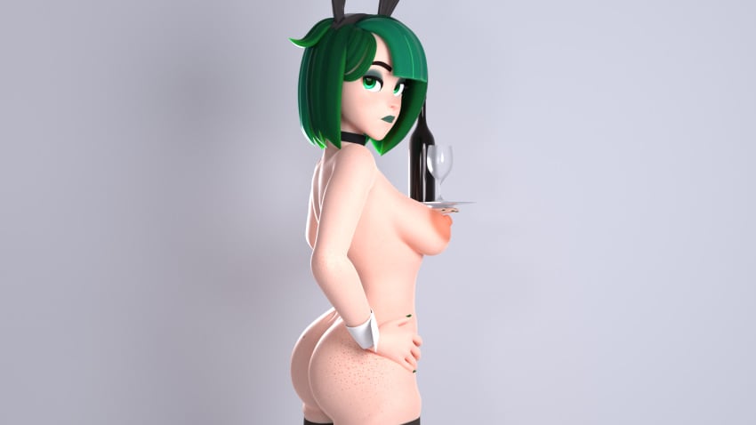 3d 3d_(artwork) areolae ass big_breasts blender breasts breasts_out bunny_ears bunny_girl bunnysuit freckles from_behind goth goth_girl green_eyes green_hair gwen_(tdi) hanging_breasts looking_at_viewer nipples octostash total_drama_island unamused waitress white_background white_skin wine_bottle wine_glass