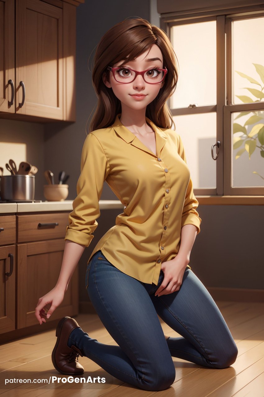 1girls ai_generated artist_name blue_pants breasts brown_eyes brown_footwear brown_hair buttons collarbone collared_shirt denim disney full_body glasses hi_res indoors inside_out inside_out_2 jeans jill_andersen kneeling lips long_hair long_sleeves looking_at_viewer medium_breasts nose pants patreon_username pixar plant progenarts red-framed_eyewear shirt shoes sleeves_rolled_up smile solo swept_bangs web_address window wooden_floor yellow_shirt