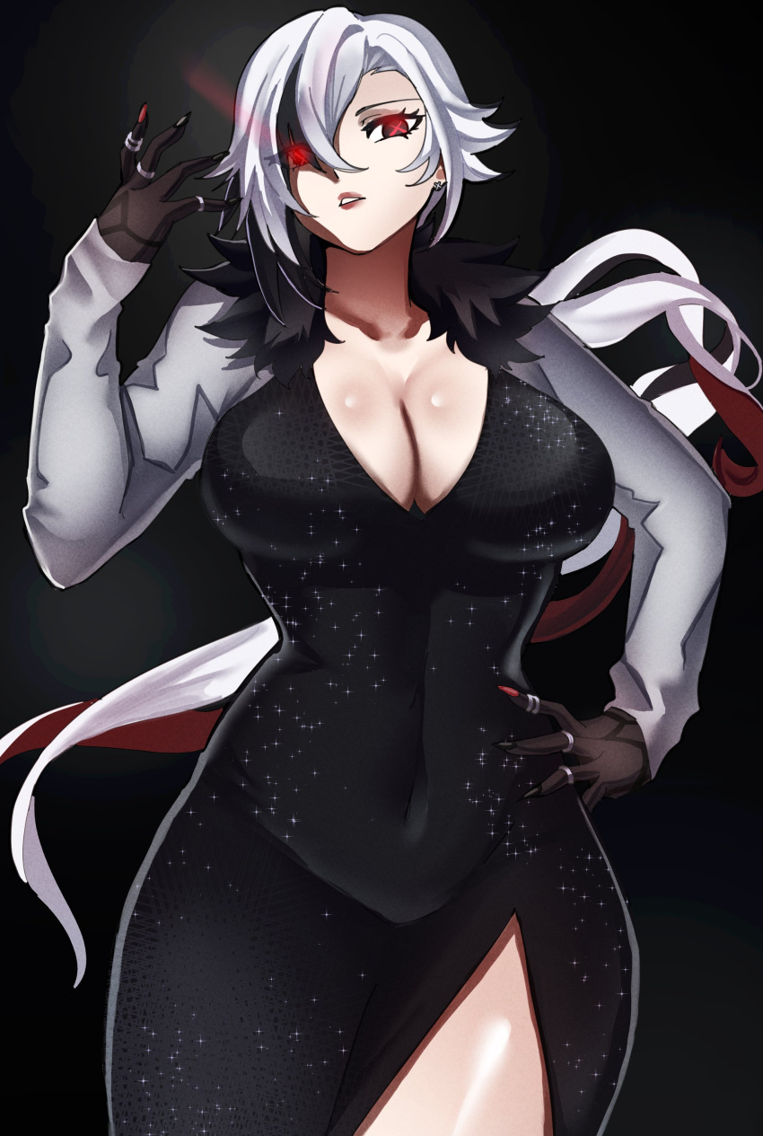 1girls arlecchino_(genshin_impact) big_breasts breasts busty ceroccb cleavage curvaceous curvy curvy_body curvy_female curvy_figure dress female genshin_impact hand_on_hip huge_breasts large_breasts red_eyes voluptuous wide_hips