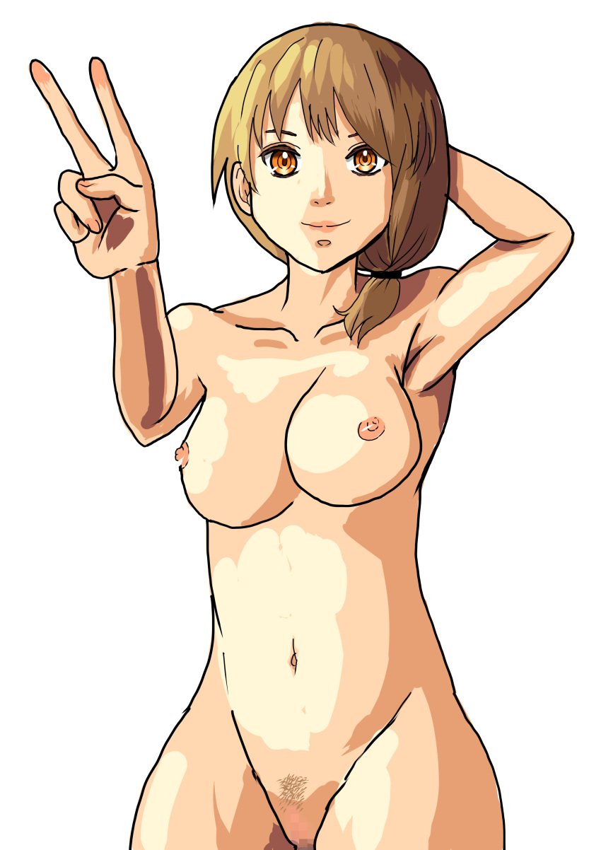 1girls arm_behind_head armpits bare_thighs breasts brown_hair censored completely_nude female female_only female_pubic_hair fire_emblem fire_emblem:_three_houses leonie_pinelli looking_at_viewer medium_breasts nintendo nipples nude nude_female orange_eyes pubic_hair pussy short_hair side_ponytail smile solo thighs v zuppy