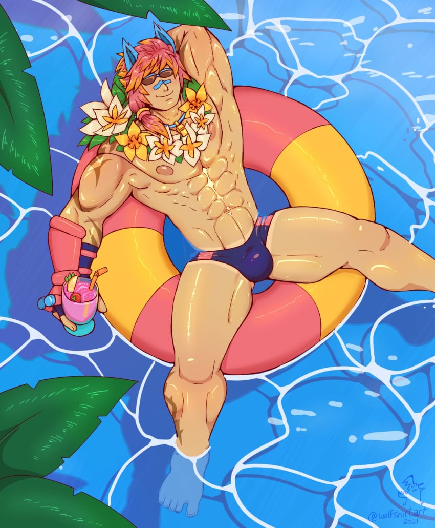 abs bara biceps bulge flaccid league_of_legends male male_nipples male_only muscular_male nipples pecs pool_party_series pool_party_sett red_hair riot_games scar sett solo solo_male wet wolfshirtart