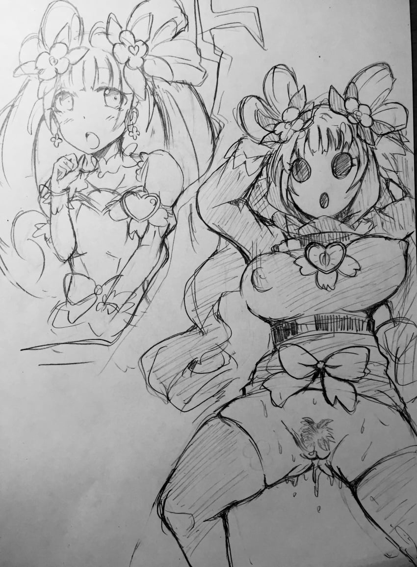 absurdres breast_expansion breasts corruption cure_rosetta dokidoki!_precure earrings erect_nipples female femsub jewelry long_hair mario_(series) monochrome nintendo precure pretty_cure pubic_hair punitofu pussy_juice shy_gal shygalization sketch traditional_media_(artwork) transformation twintails yotsuba_alice