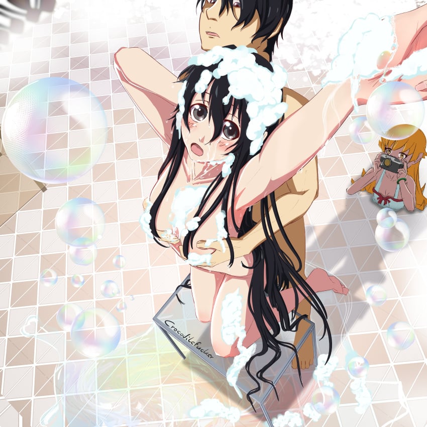 1boy 1girls araragi_koyomi araragi_tsukihi arms_up bathroom black_hair breast_grab breasts brother_and_sister censored censored_nipples completely_nude convenient_censoring crocodilefucker female fondling_breast hair_censor hair_over_one_eye happy long_hair male monogatari_(series) oshino_shinobu siblings soap soap_bubbles tsukimonogatari washing wet_hair wet_skin younger_sister