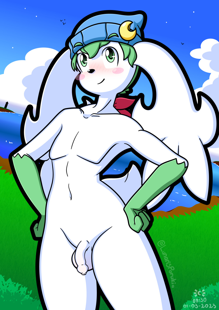 absurd_res anthro balls blush clothing confident digital_media_(artwork) femboy flaccid floppy_ears foreskin fur generation_4_pokemon genitals green_eyes green_hair hair hands_on_hips headgear headgear_only headwear headwear_only hi_res legendary_pokemon lunaris_parukia male mostly_nude navel nintendo noa_(lunaris_parukia) nude penis pokemon pokemon_(species) pokemorph shaymin sky_forme_shaymin smile solo white_body white_fur