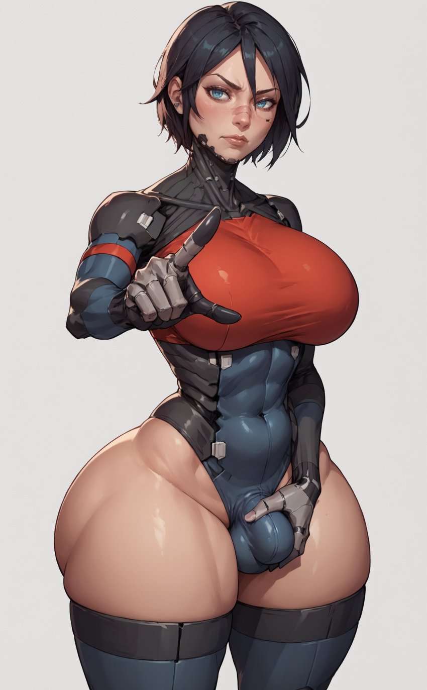 1futa ai_generated blue_eyes bulge cyborg elster_(signalis) flaccid futa_only futanari large_breasts patreon penis pointing signalis solo thick_thighs xheceox