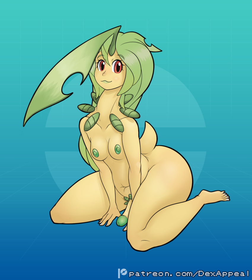 1futa ;3 areolae barefoot bayleef belly breasts cock dex_appeal flaccid full_body futa_only futanari green_hair humanoid humanoid_penis kneeling leaf long_neck monster_girl nintendo nipples nude nude_female nude_futanari penis plant_girl pokemon pokemon_(species) pokemorph sitting solo thick_thighs yellow_skin