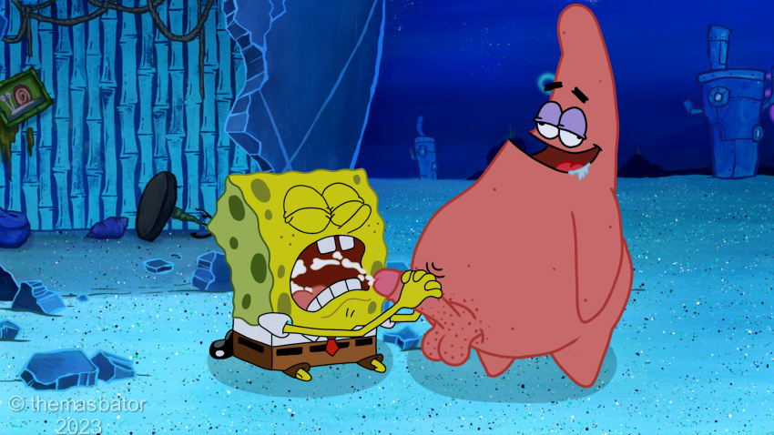 2boys cum cum_in_mouth cumshot handjob non-human oblivious outside outside_sex patrick_star penis sea_sponge smooth_skin spongebob_squarepants spongebob_squarepants_(character) starfish tagme toony